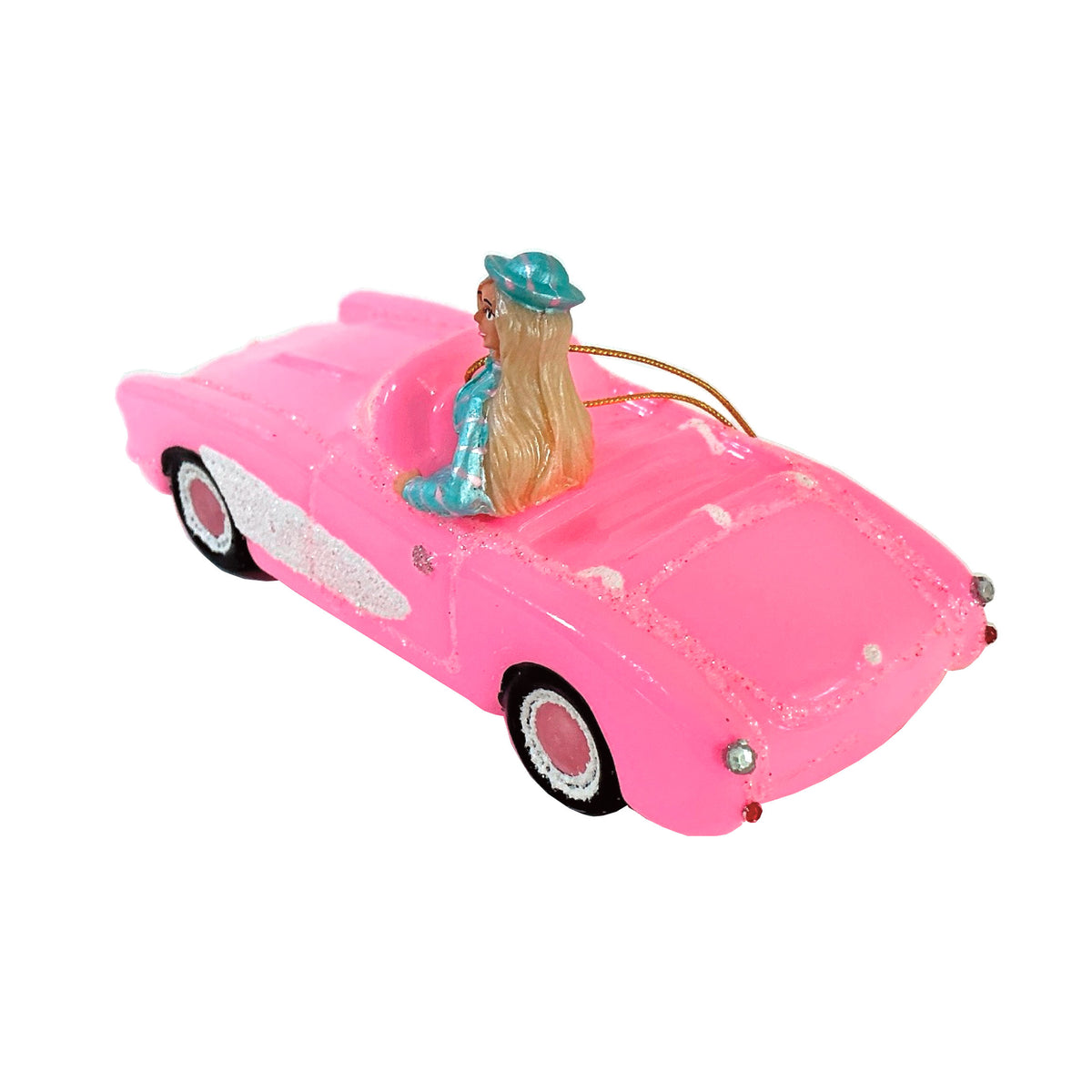 Barbie with Pink Corvette Glass Ornament by Cody Foster