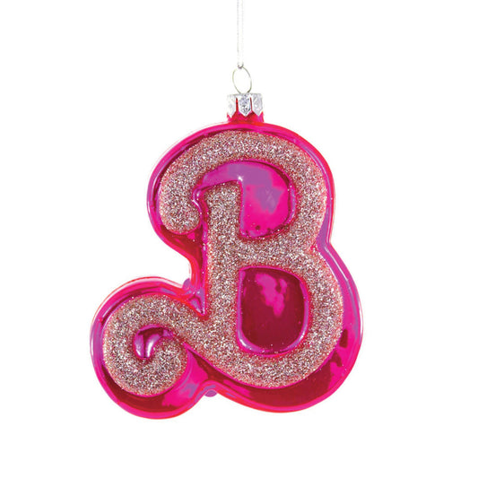 Script-style capital B letter in silver glitter surrounded by outline in reflective hot pink.