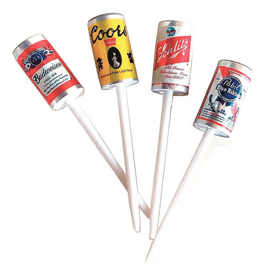 A set of twelve beer can cake toppers with various colorful retro-style labels including Budweiser, Coors, Schlitz, and Pabst Blue Ribbon.