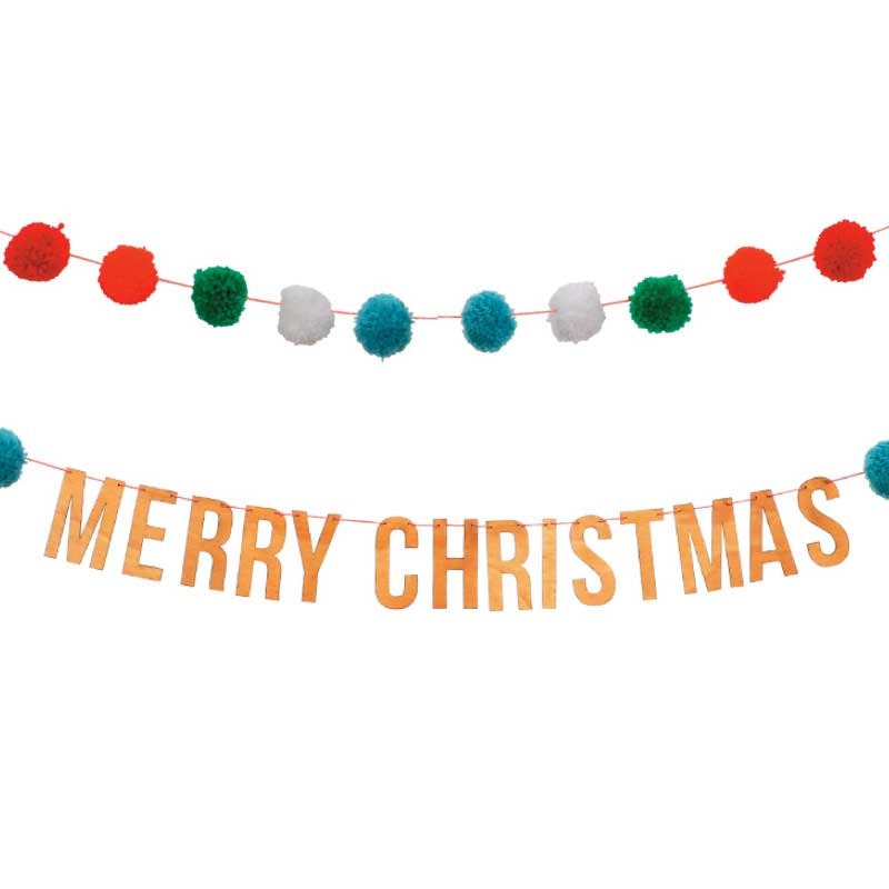 Christmas Garland with Pom Poms and Wood Letters