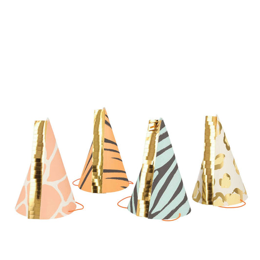 A set of four party hats with safari animal prints in zebra, tiger, giraffe, and panther patterns and gold foil details and fringe, including a neon elastic band.