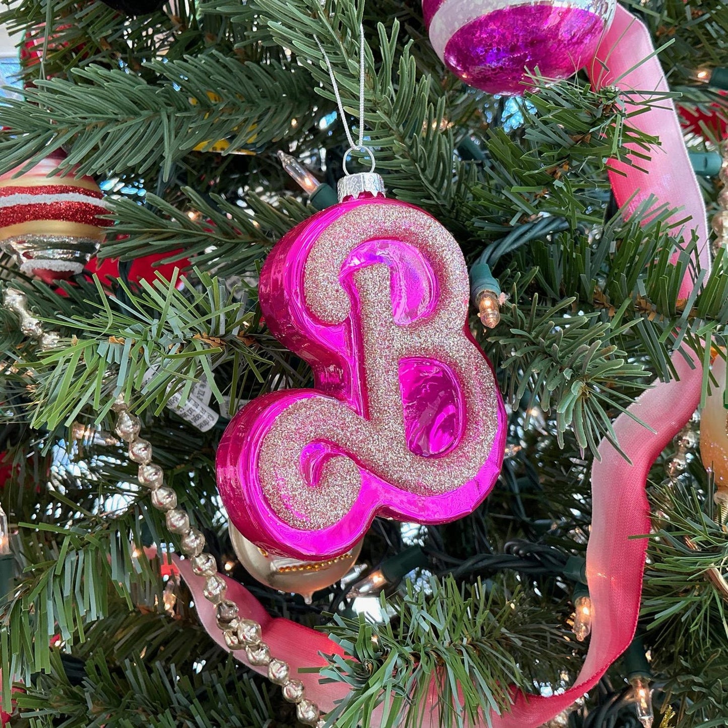 Cody Foster Pink Glittered B Glass Ornament