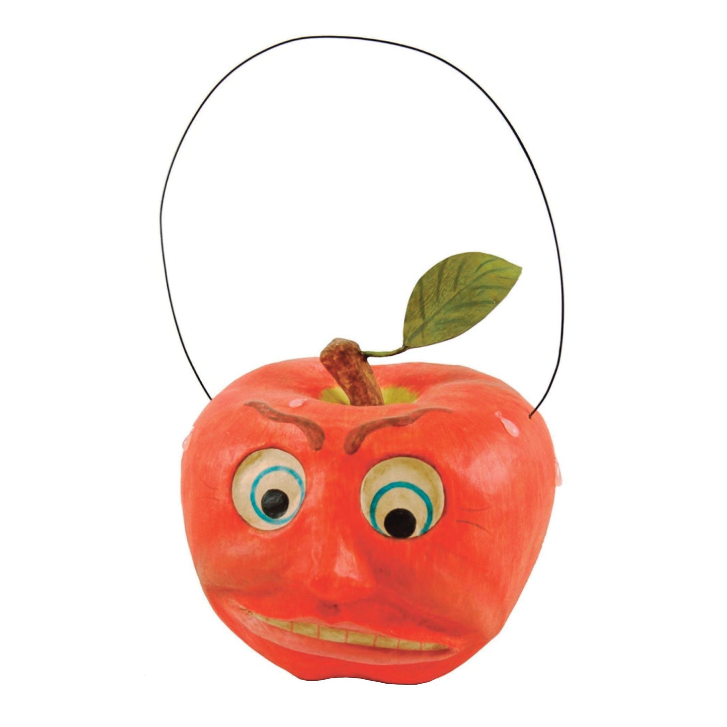 An orange apple-shaped Halloween bucket with a funny face, featuring a green leaf on top and a black wire loop handle, isolated on a white background.