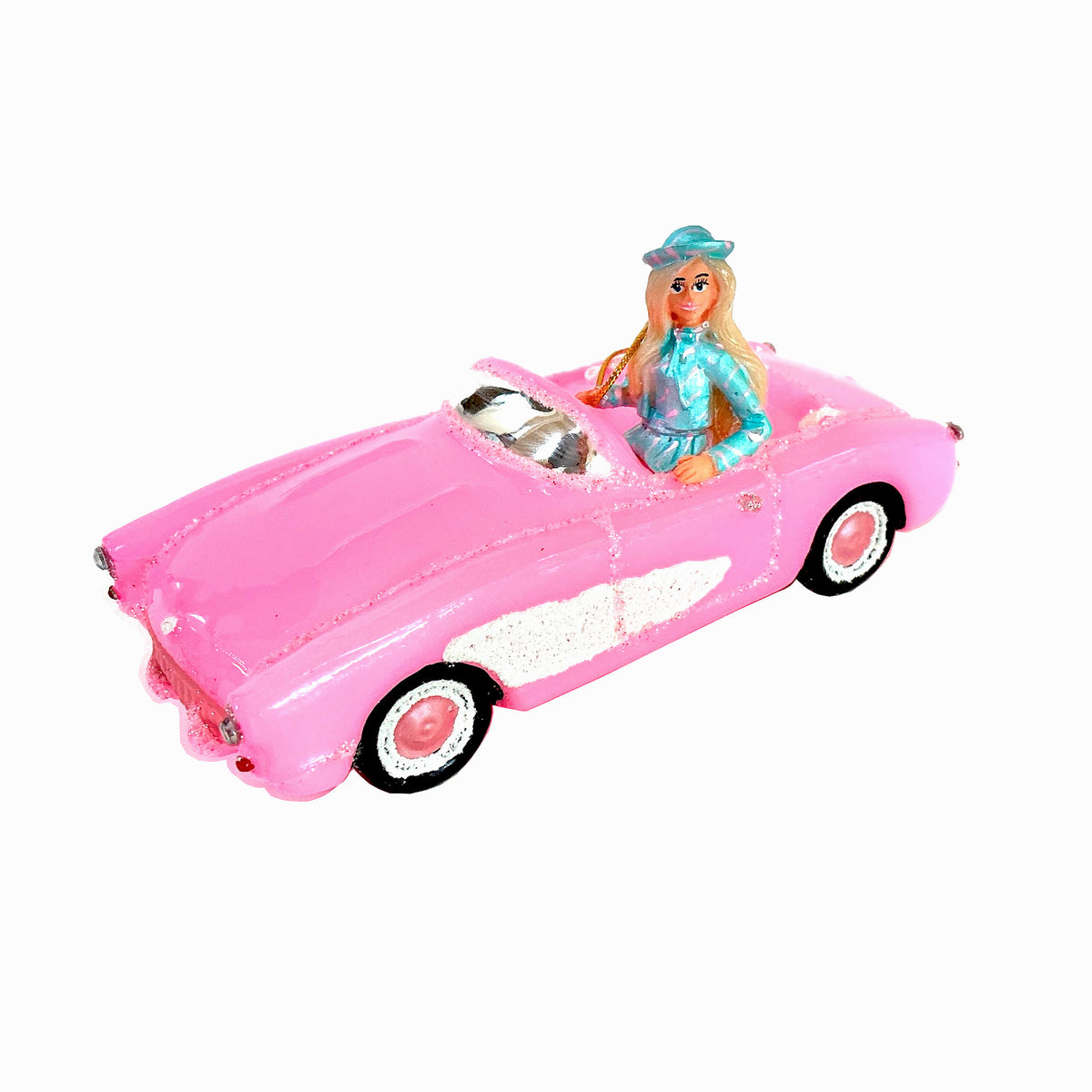 Barbie with Pink Corvette Glass Ornament by Cody Foster
