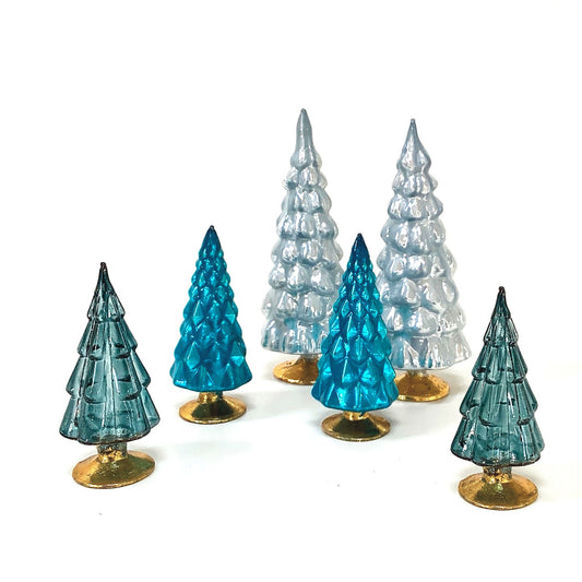 Blue Hue Small Glass Trees, Set of 6
