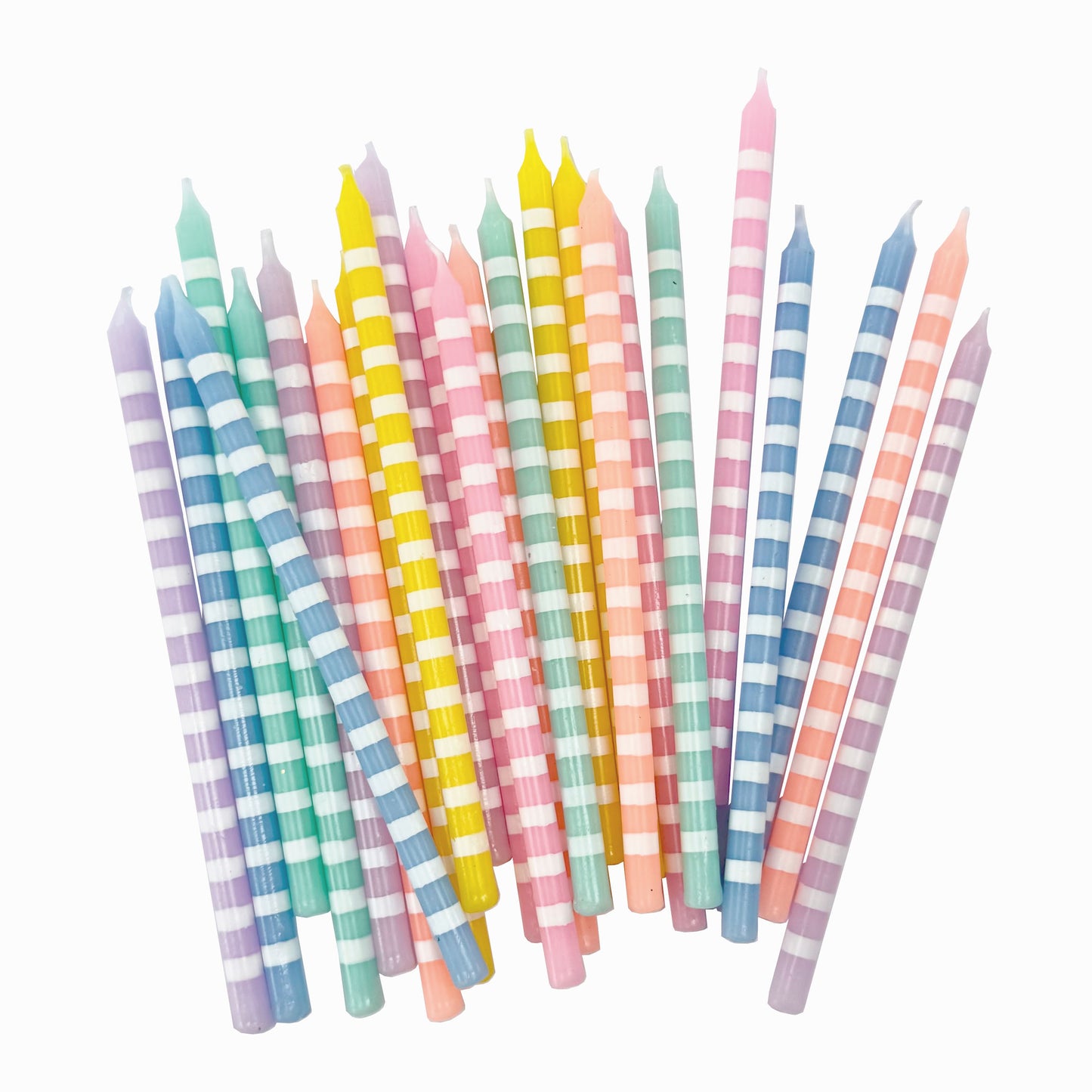 Pastel striped candles on a white background