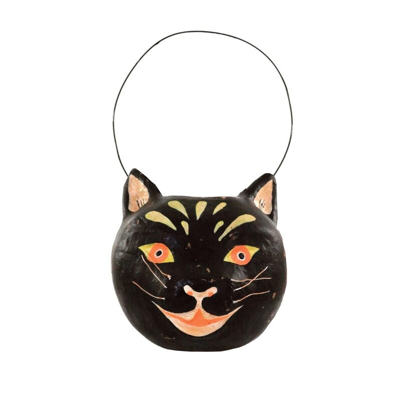 Black cat-shaped paper mache bucket with a wire handle and white background