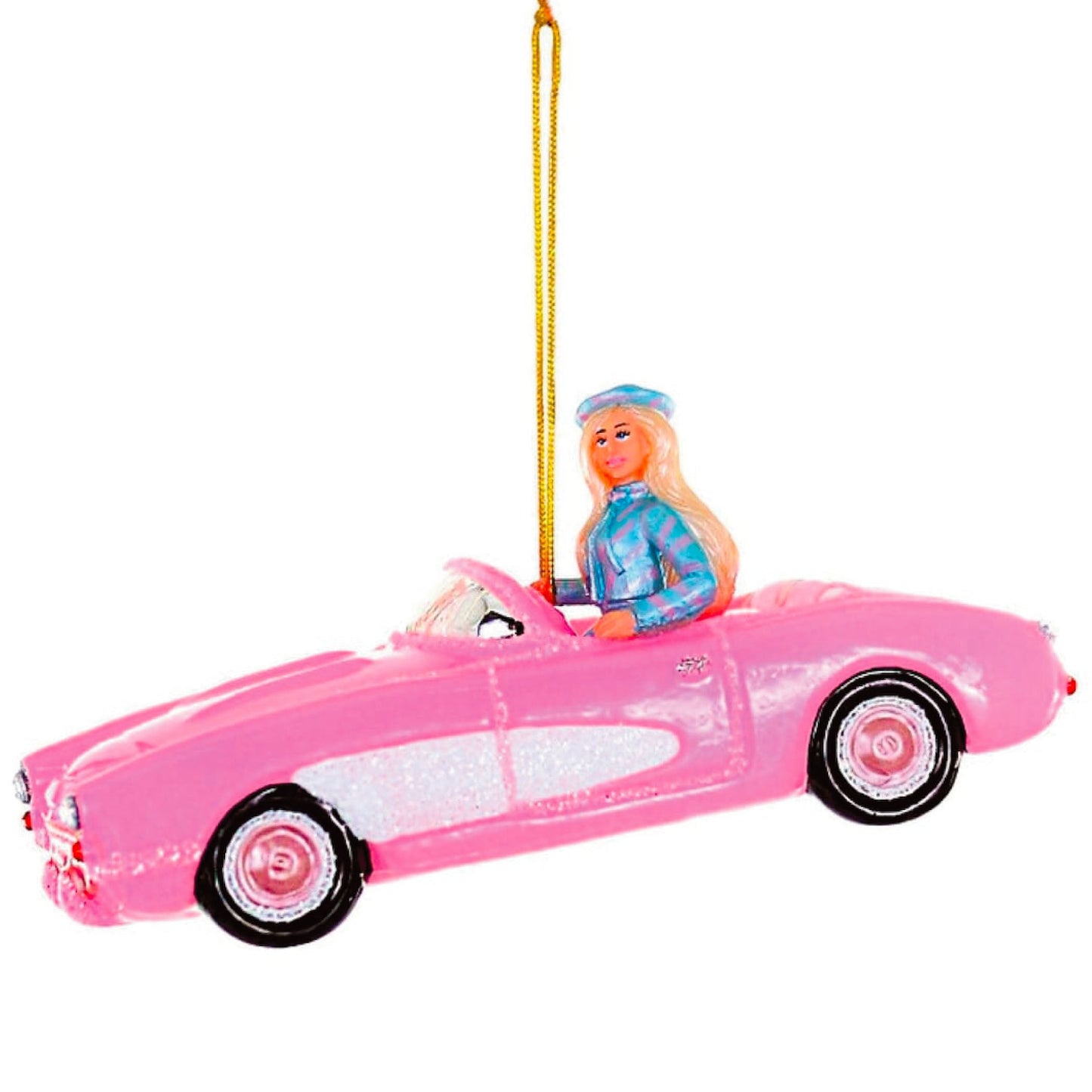 Pink convertible car ornament with Barbie wearing a blue and pink jacket and beret sitting inside on a white background