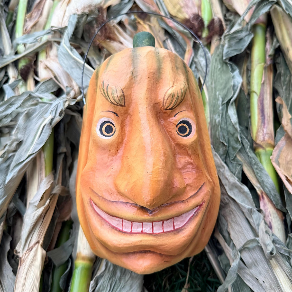 A carved decorative pumpkin with a humorous, wide-eyed face and painted teeth, hanging from a wire handle against a backdrop of dried corn stalks.