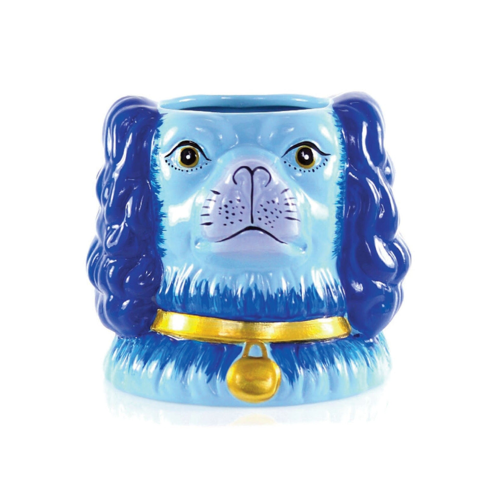 shades of blue ceramic container shaped like a Staffordshire dog with  gold collar and tag
