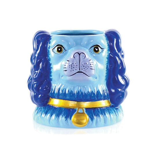 shades of blue ceramic container shaped like a Staffordshire dog with  gold collar and tag