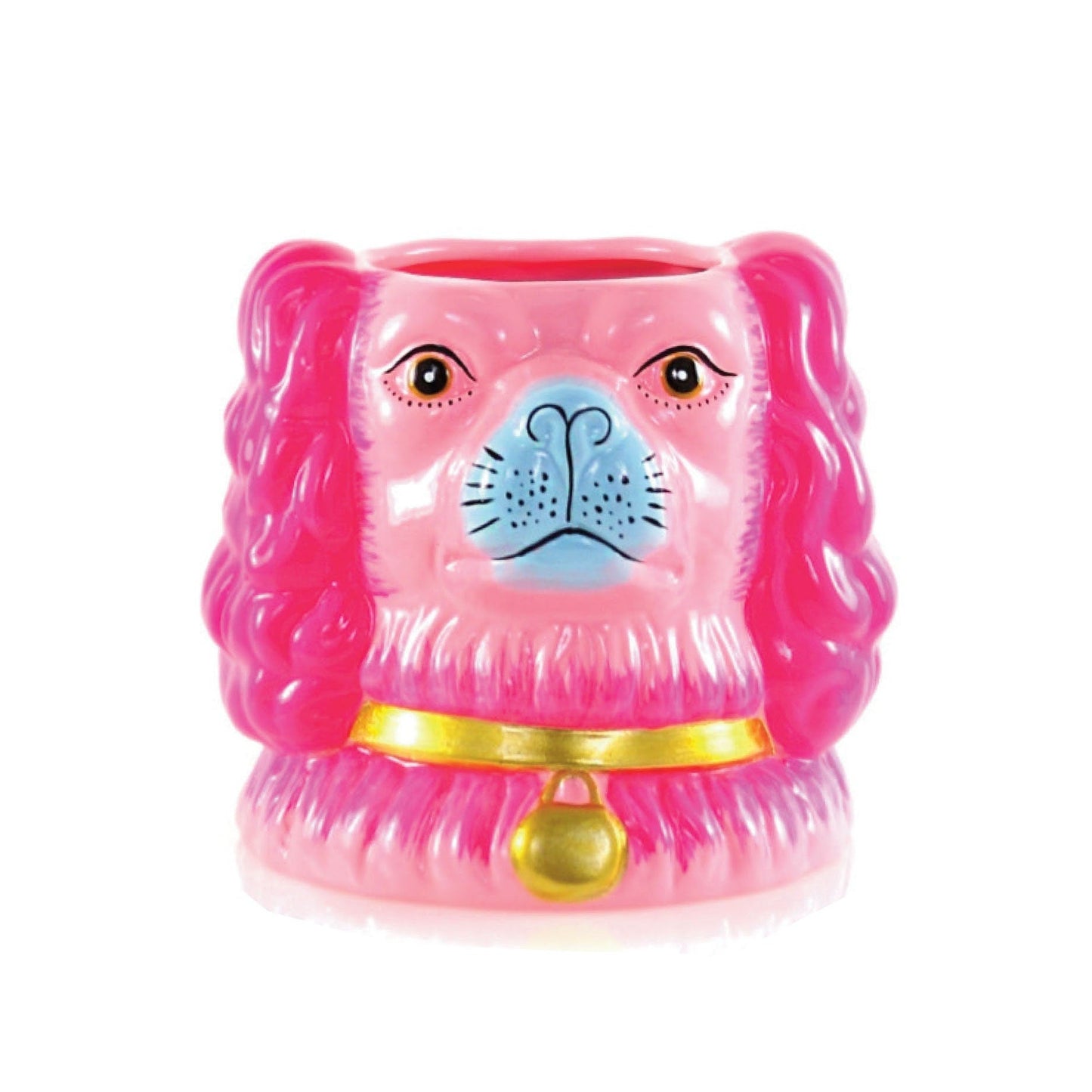 Pink Staffordshire dog-shaped container with a baby blue nose and gold collar and round tag on a white background