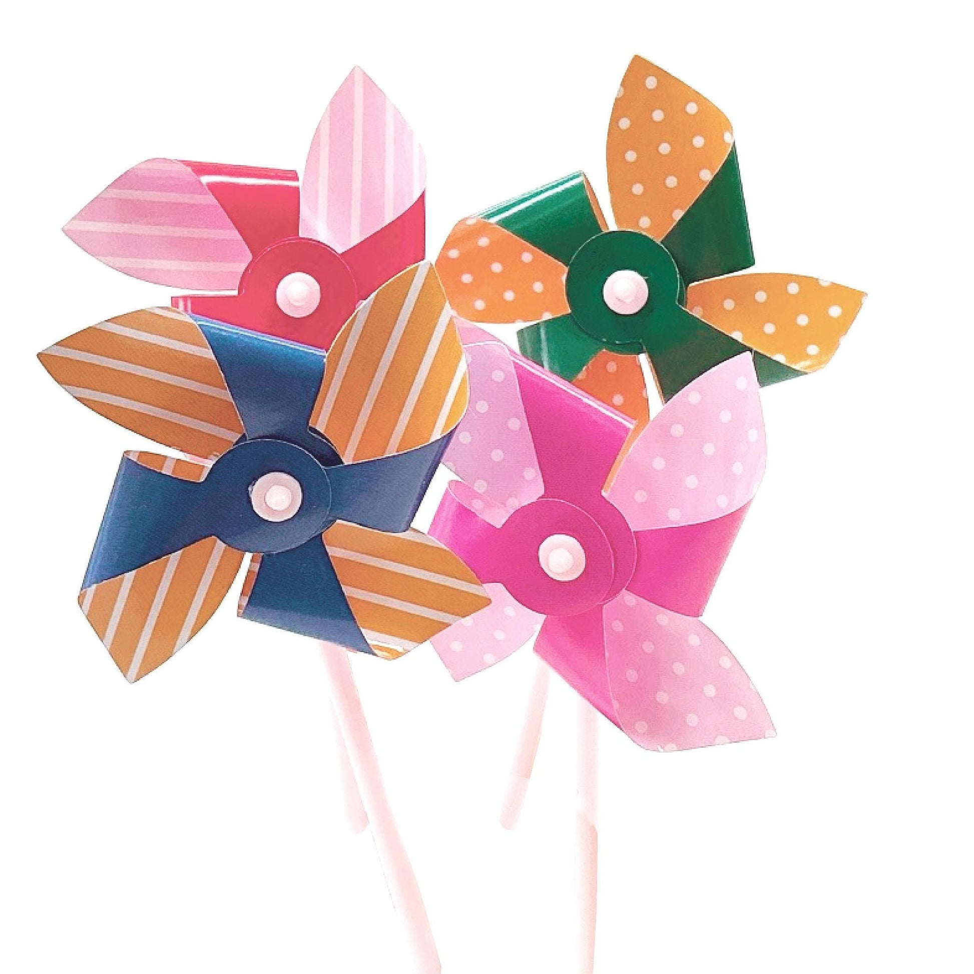 Colorful lightweight mylar pinwheels on sticks with a white background