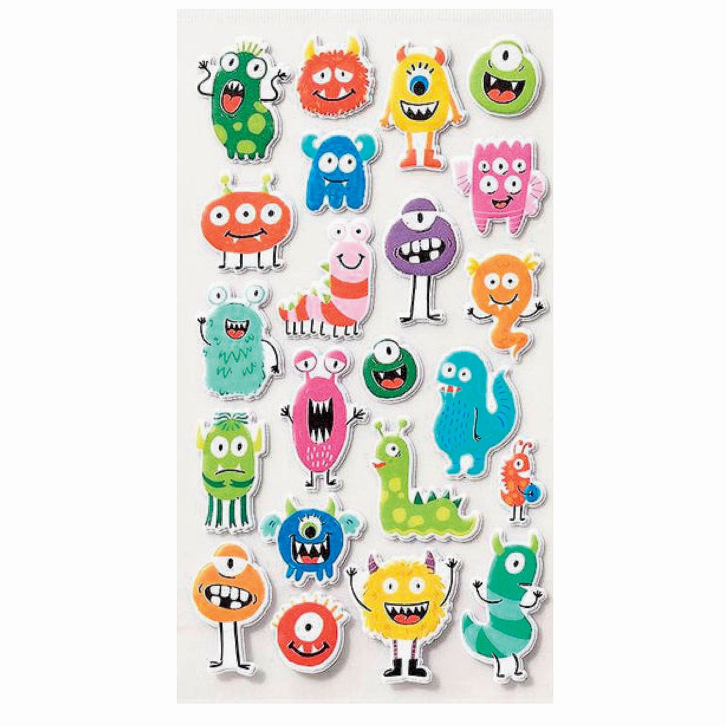 Sheet of colorful monster stickers on a white background
