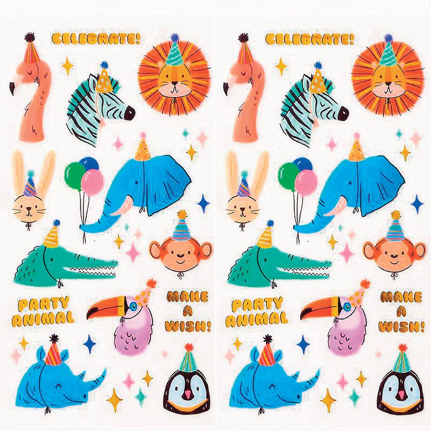 Colorful party animal stickers with text on a white background