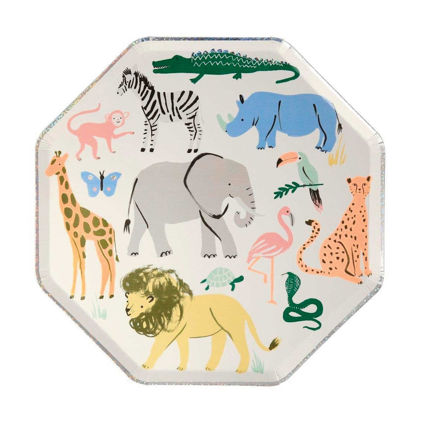 Large octagonal paper plate illustrated with pastel safari animals and finished with a silver foil edge